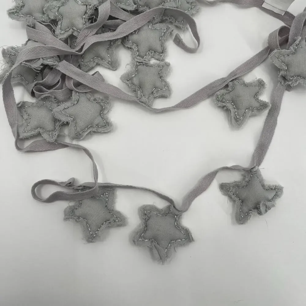 LAND OF NOD Star Garland Raw Fabric Hem Silver Gray Holiday Christmas New Years